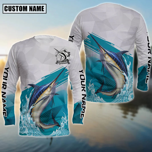 Cowgic Personalized Text Marlin Fishing Water & White 3D Long Sleeve Shirt