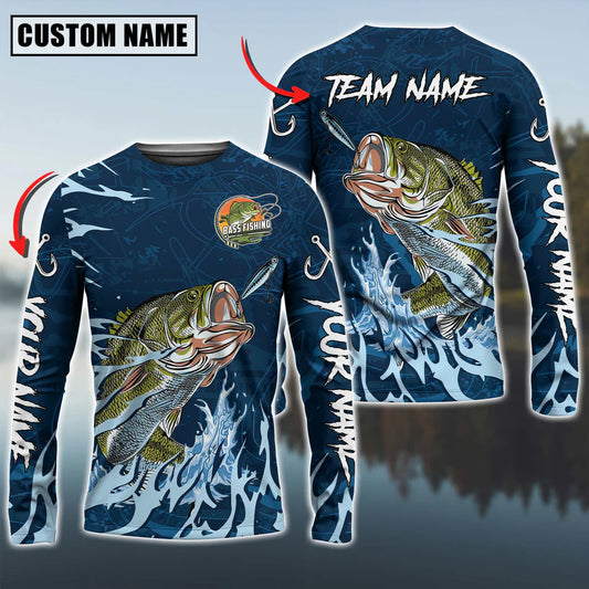 Cowgic Personalized Text Bass Fishing Navy Water Pattern 3D Long Sleeve Shirt