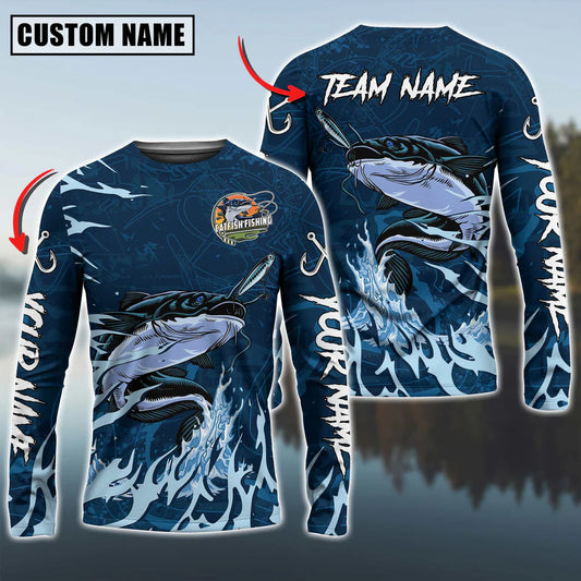 Cowgic Personalized Text Catfish Fishing Navy Water Pattern 3D Long Sleeve Shirt