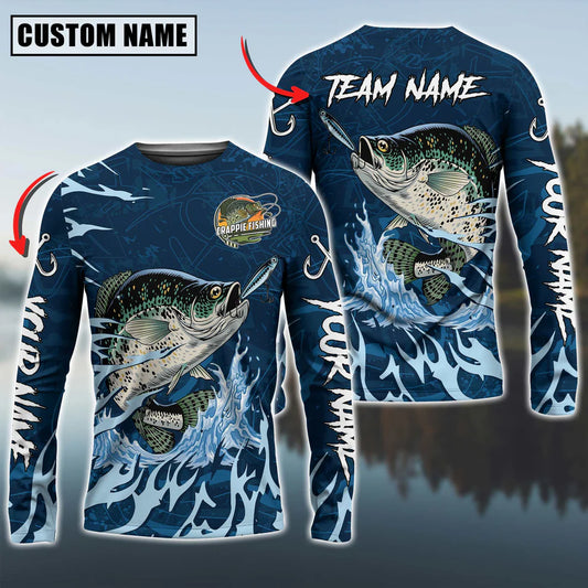 Cowgic Personalized Text Crappie Fishing Navy Water Pattern 3D Long Sleeve Shirt
