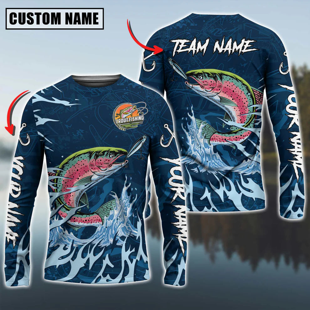 Cowgic Personalized Text Trout Fishing Navy Water Pattern 3D Long Sleeve Shirt