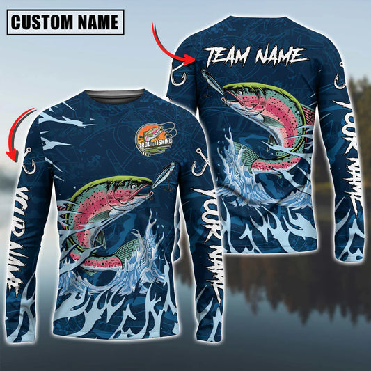 Cowgic Personalized Text Trout Fishing Navy Water Pattern 3D Long Sleeve Shirt