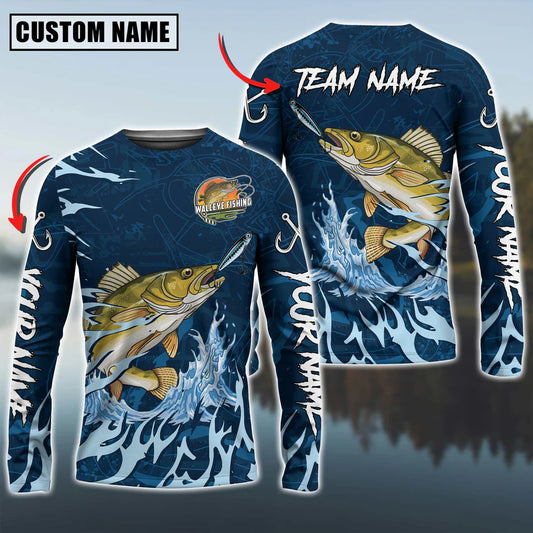 Cowgic Personalized Text Walleye Fishing Navy Water Pattern 3D Long Sleeve Shirt