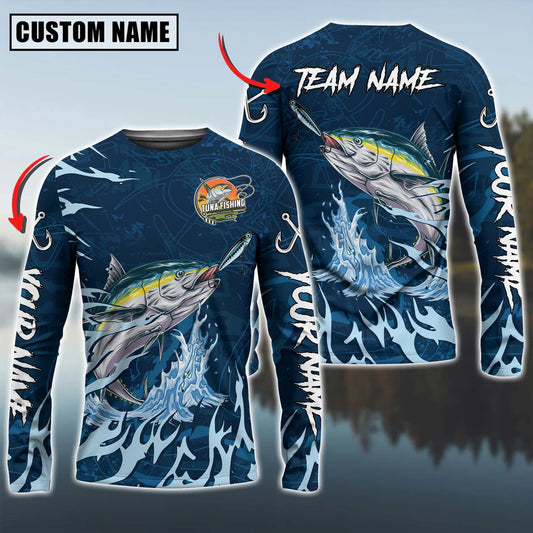 Cowgic Personalized Text Tuna Fishing Navy Water Pattern 3D Long Sleeve Shirt