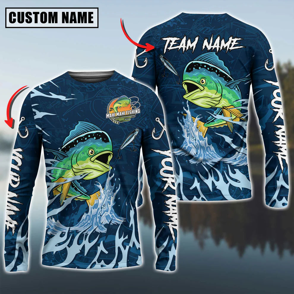 Cowgic Personalized Text Mahi Fishing Navy Water Pattern 3D Long Sleeve Shirt
