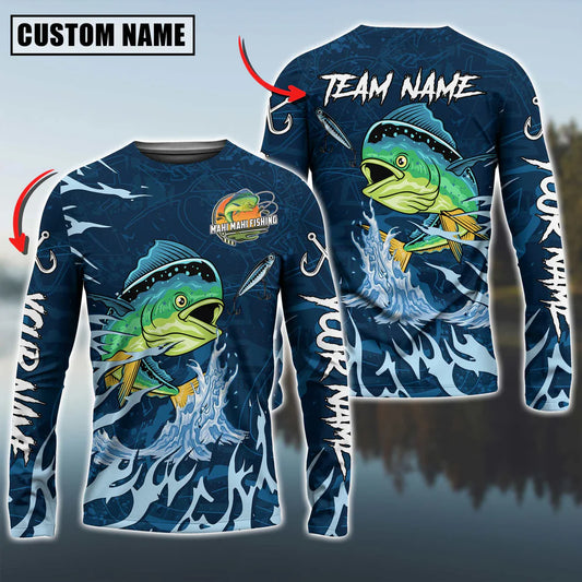 Cowgic Personalized Text Mahi Fishing Navy Water Pattern 3D Long Sleeve Shirt