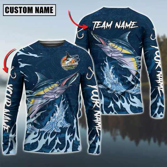 Cowgic Personalized Text Marlin Fishing Navy Water Pattern 3D Long Sleeve Shirt