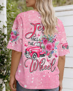Cowgic Jesus Take The Wheel Pink Women's All Over Print Shirt