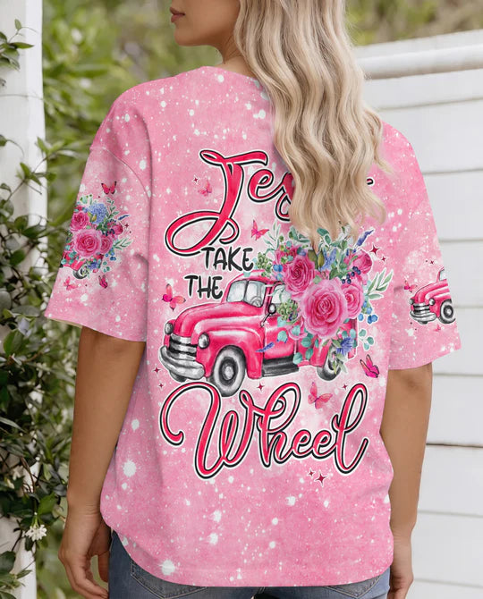 Cowgic Jesus Take The Wheel Pink Women's All Over Print Shirt
