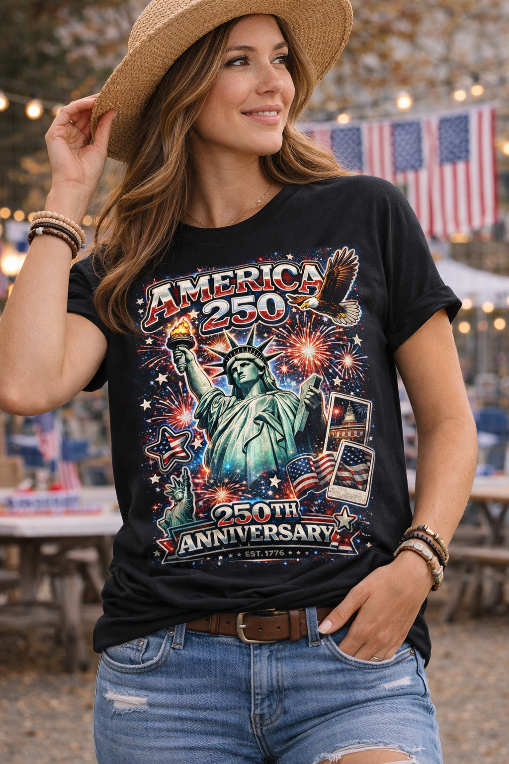 Cowgic America 250th Anniversary Fireworks – Statue of Liberty Patriotic T-Shirt