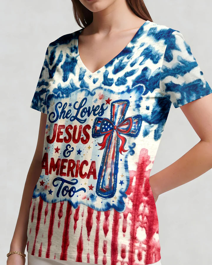 Cowgic She Loves Jesus & America Too Red White & Blue Women's All Over Print