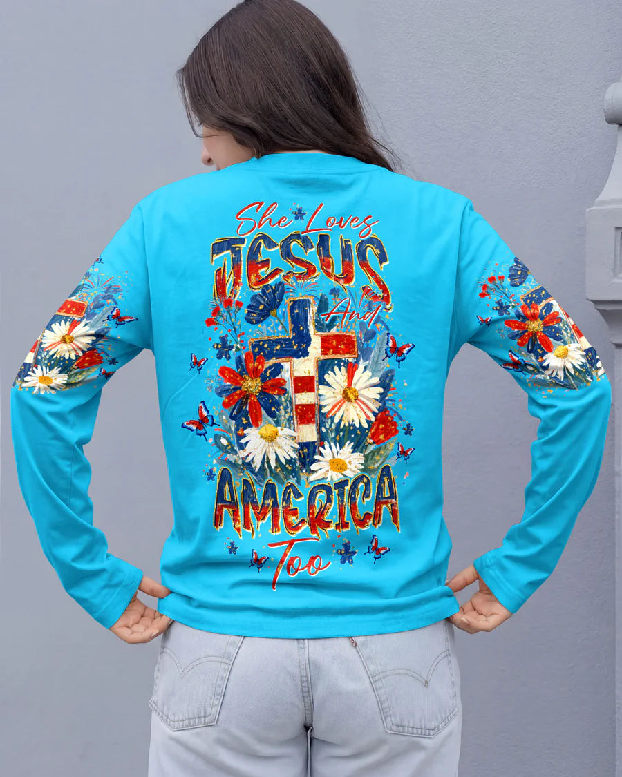 Cowgic She Loves Jesus & America Too Red White & Blue All Over Print Shirt