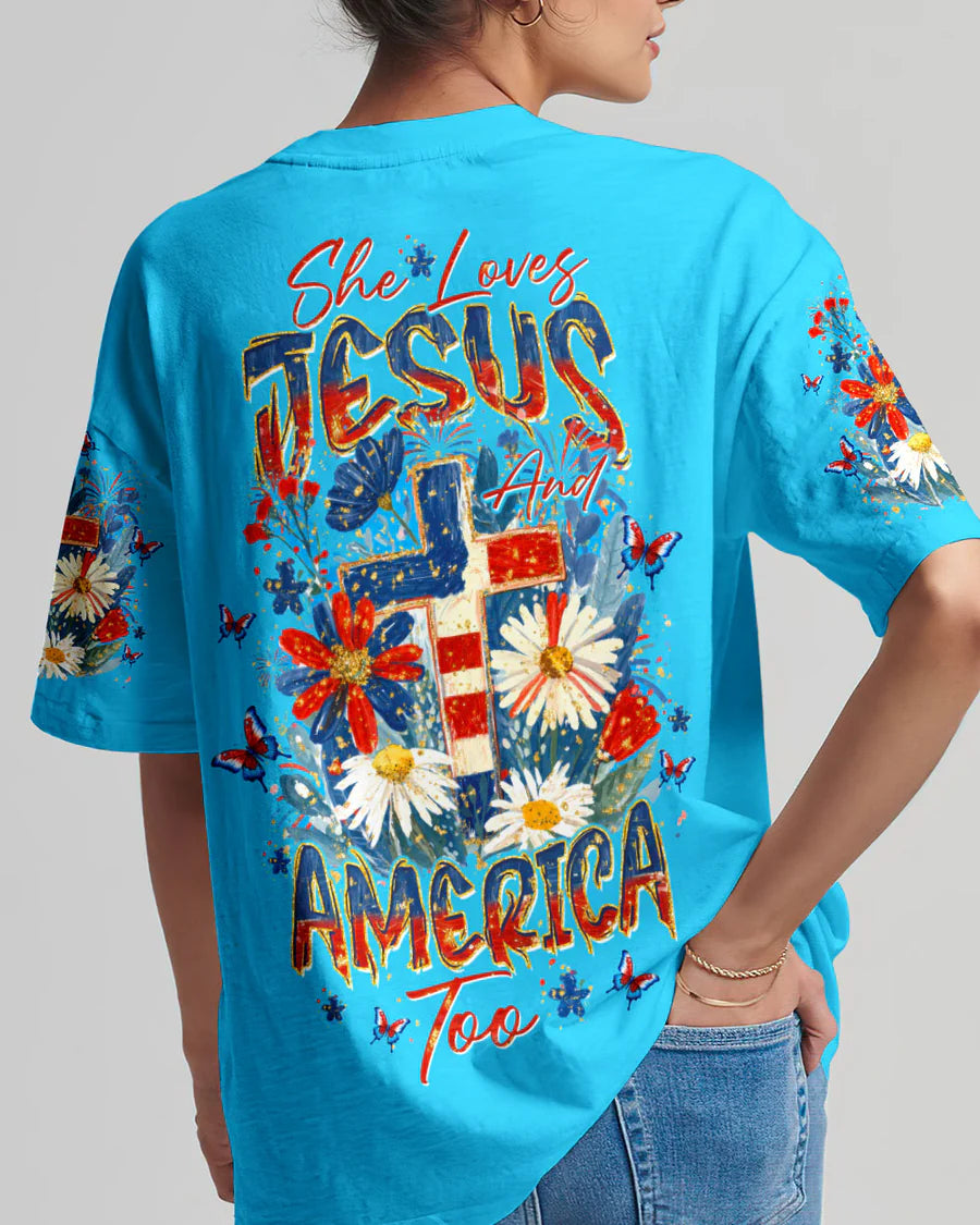 Cowgic She Loves Jesus & America Too Red White & Blue All Over Print Shirt