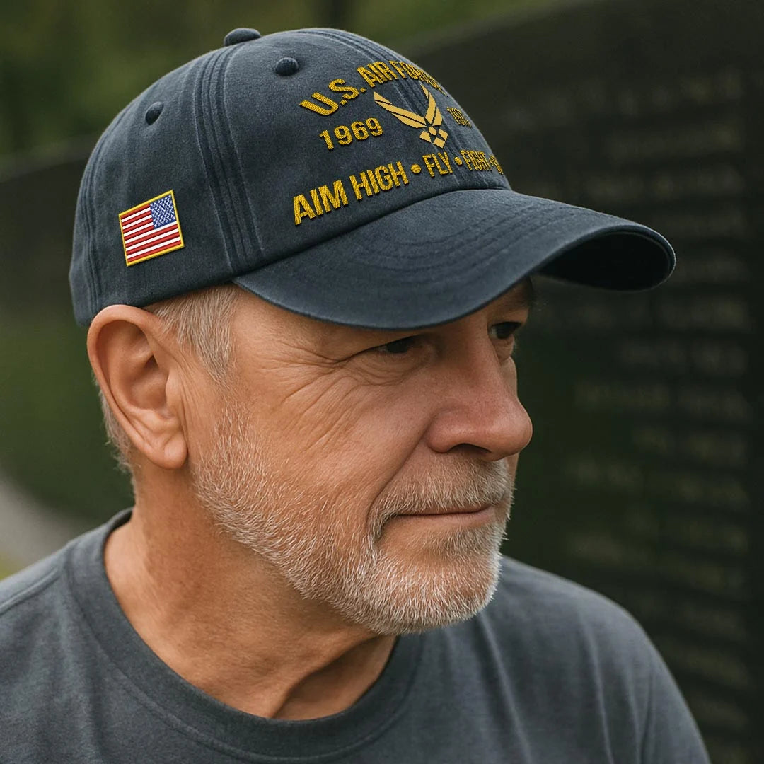 Cowgic Air Force Embroidered Washed Cap - AIM HIGH FLY FIGHT WIN - Custom Rank & Name - Vintage Distressed Cap for Veterans
