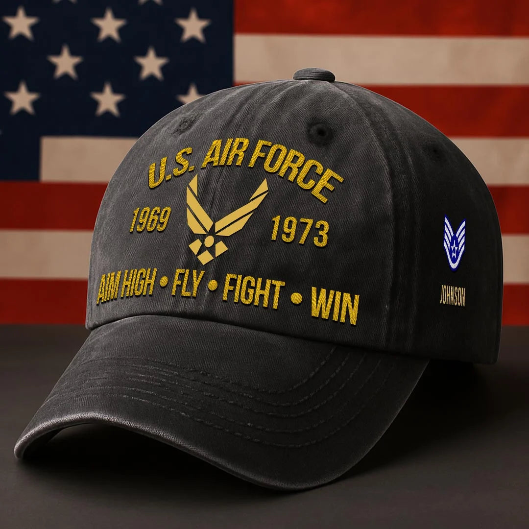 Cowgic Air Force Embroidered Washed Cap - AIM HIGH FLY FIGHT WIN - Custom Rank & Name - Vintage Distressed Cap for Veterans