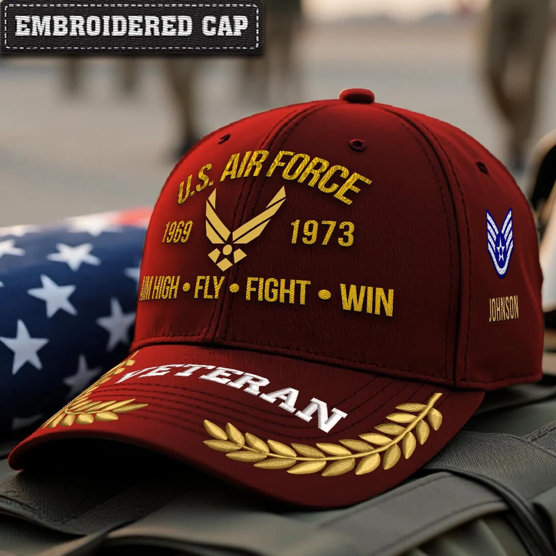 Cowgic Air Force Printed  Classic Cap - AIM HIGH FLY FIGHT WIN v2 - Custom Rank & Name - Embroidered Cap for Veterans