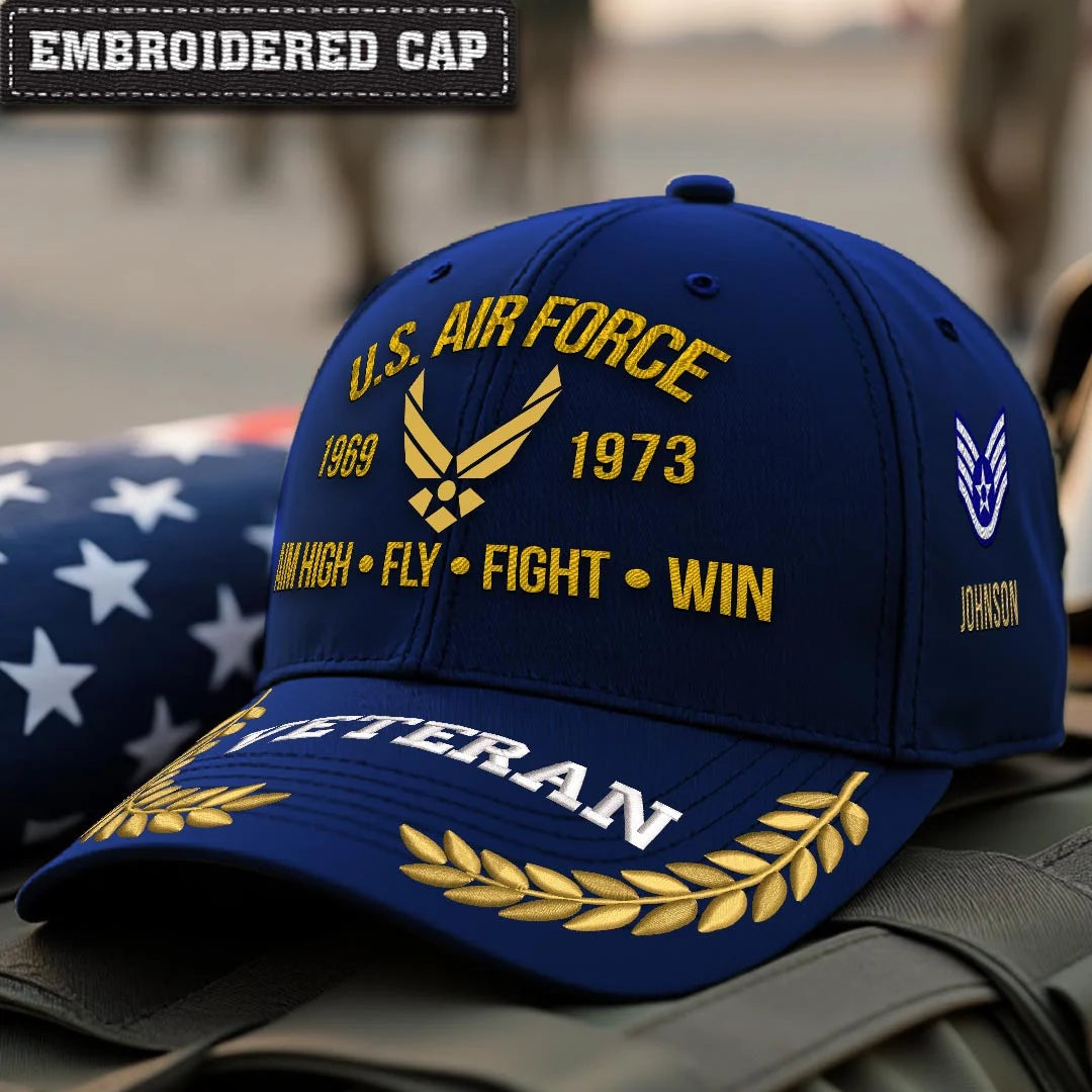 Cowgic Air Force Printed  Classic Cap - AIM HIGH FLY FIGHT WIN v2 - Custom Rank & Name - Embroidered Cap for Veterans