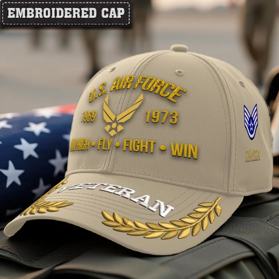 Cowgic Air Force Printed  Classic Cap - AIM HIGH FLY FIGHT WIN v2 - Custom Rank & Name - Embroidered Cap for Veterans