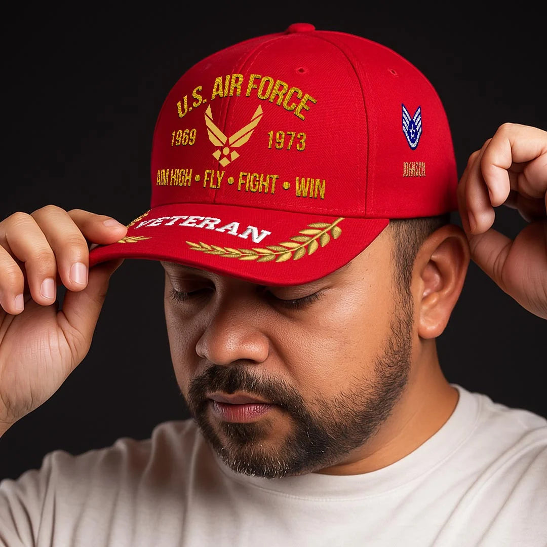 Cowgic Air Force Printed  Classic Cap - AIM HIGH FLY FIGHT WIN v2 - Custom Rank & Name - Embroidered Cap for Veterans