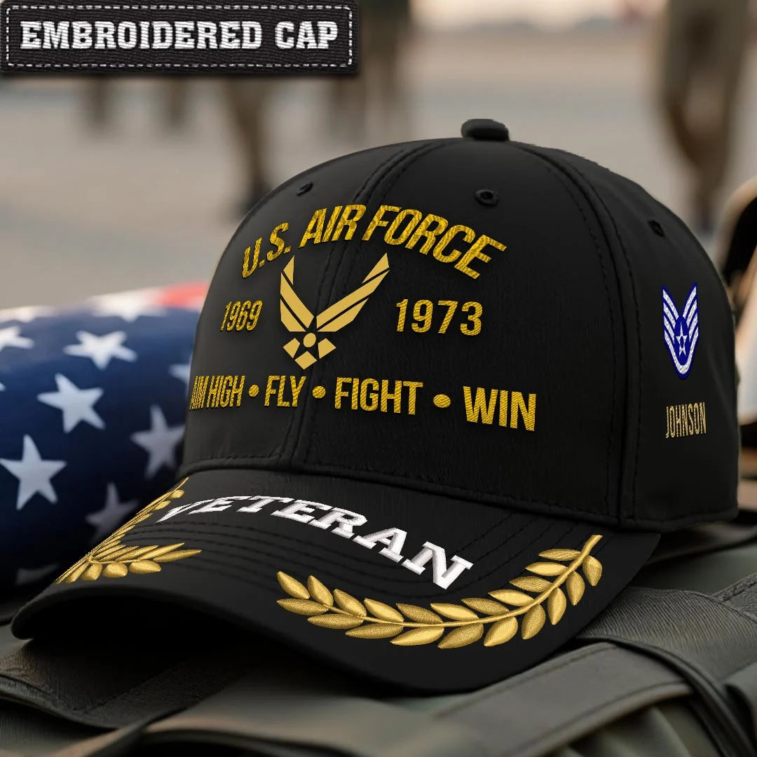 Cowgic Air Force Printed  Classic Cap - AIM HIGH FLY FIGHT WIN v2 - Custom Rank & Name - Embroidered Cap for Veterans