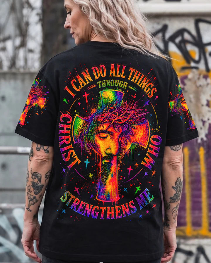 Cowgic I Can Do All Things Through Christ Neon Jesus Cross Women's All Over Print Shirt