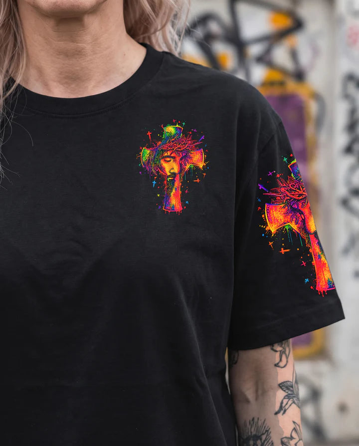 Cowgic I Can Do All Things Through Christ Neon Jesus Cross Women's All Over Print Shirt