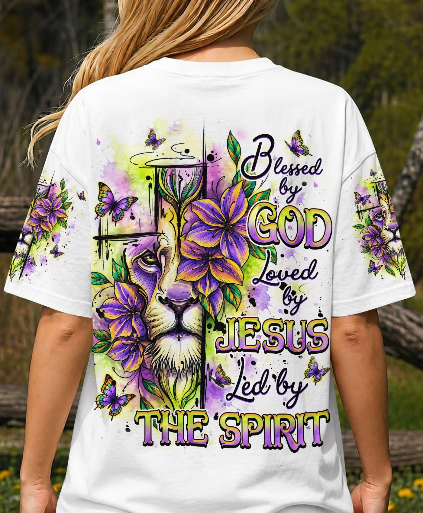 Cowgic Blessed By God Loved By Jesus Lion Flower All Over Print Shirt
