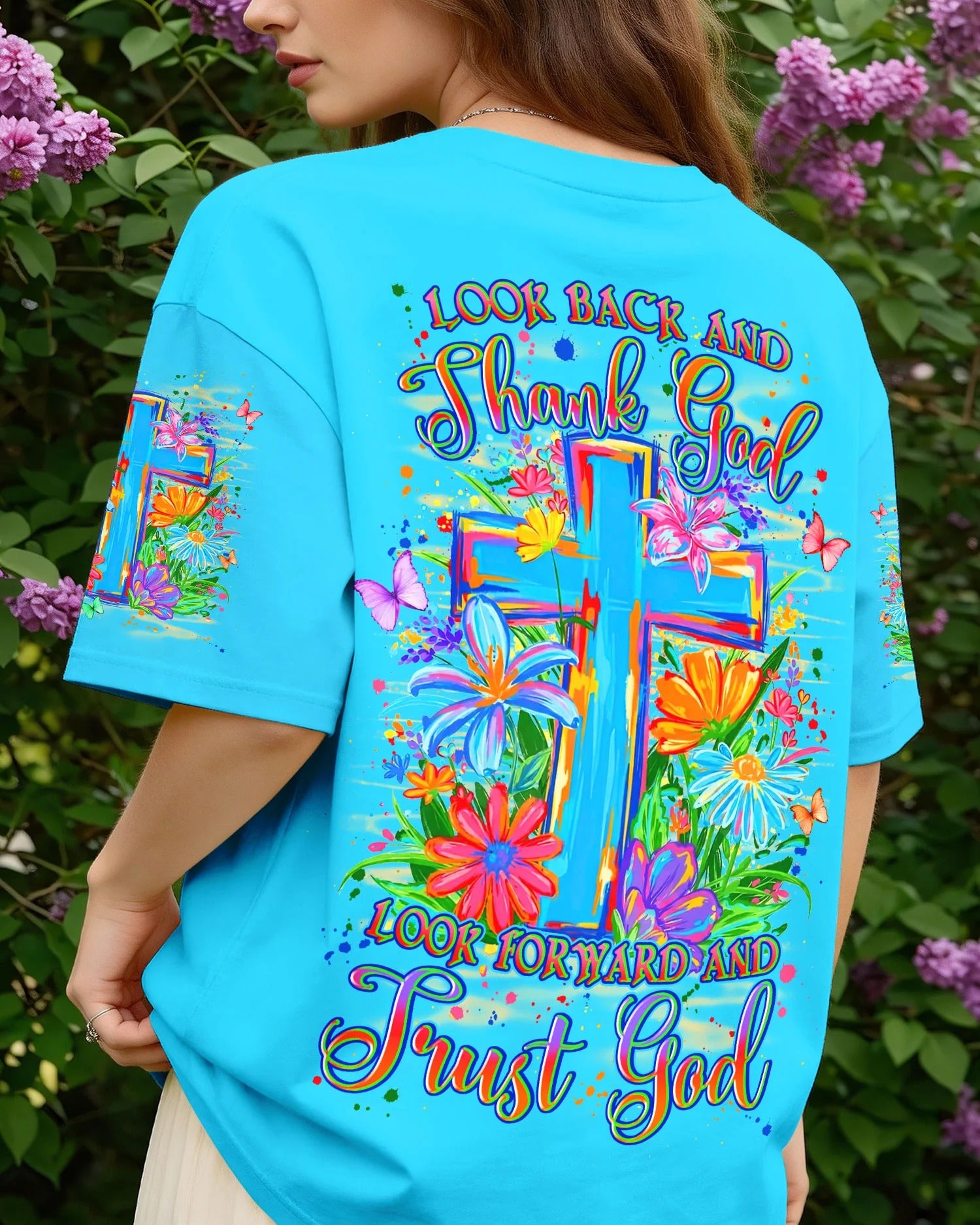 Cowgic Look Back And Thank God Cross Flowers All Over Print Shirt