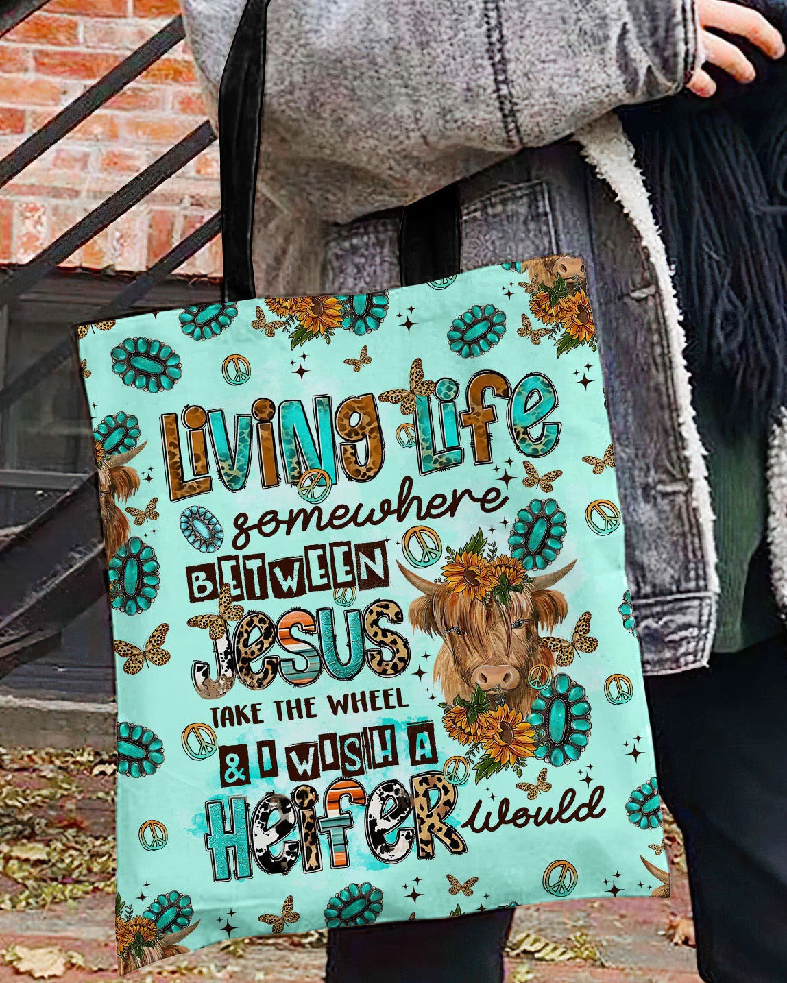 Cowgic Living Life Somewhere Between Jesus Cow Tote Bag