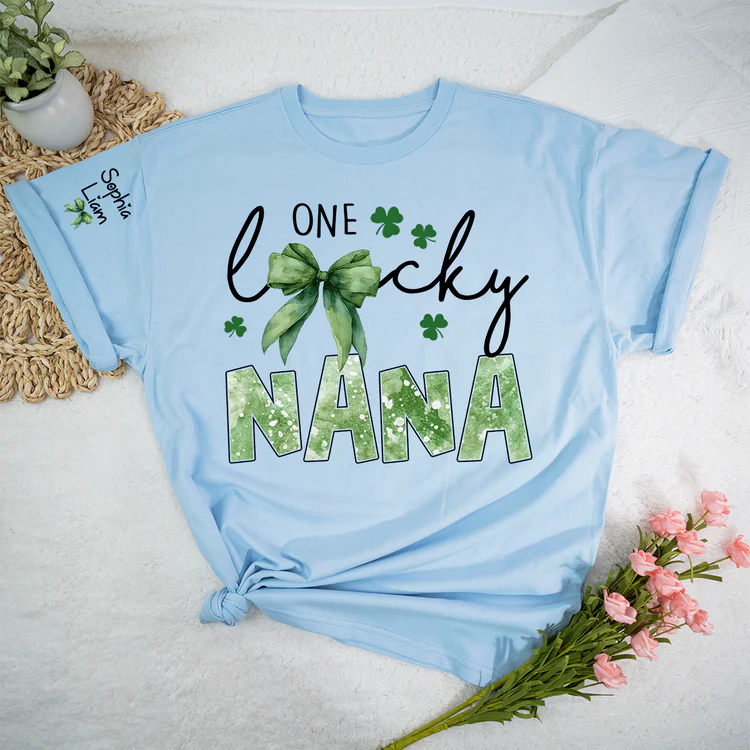 One Lucky Nana Shirt for St Patrick’s Day, Personalized Grandma Shamrock Clover T Shirt with Kids Names