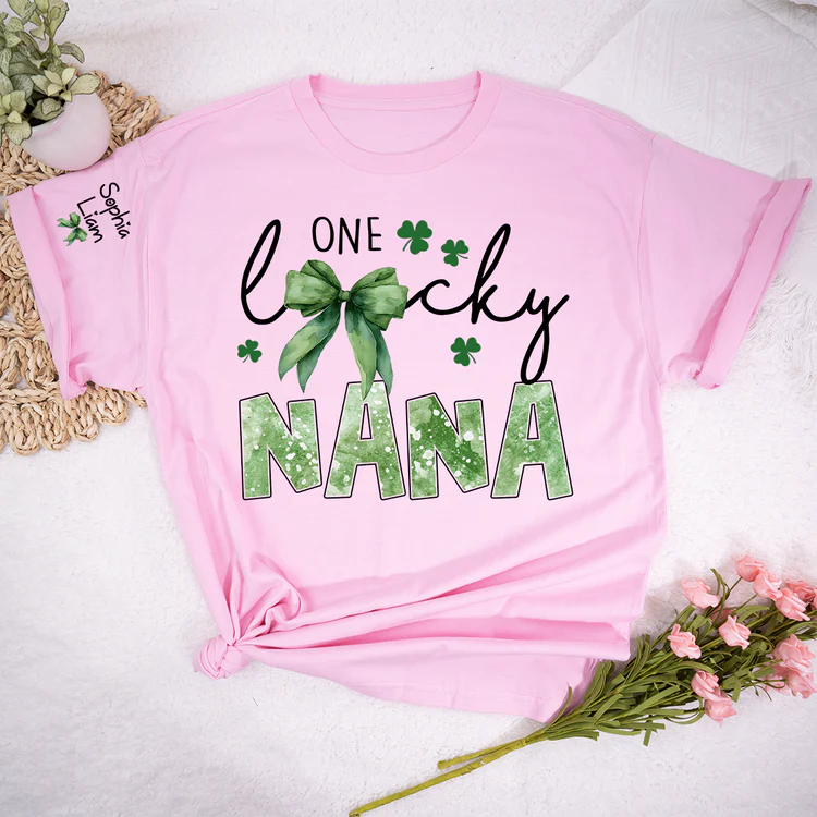One Lucky Nana Shirt for St Patrick’s Day, Personalized Grandma Shamrock Clover T Shirt with Kids Names