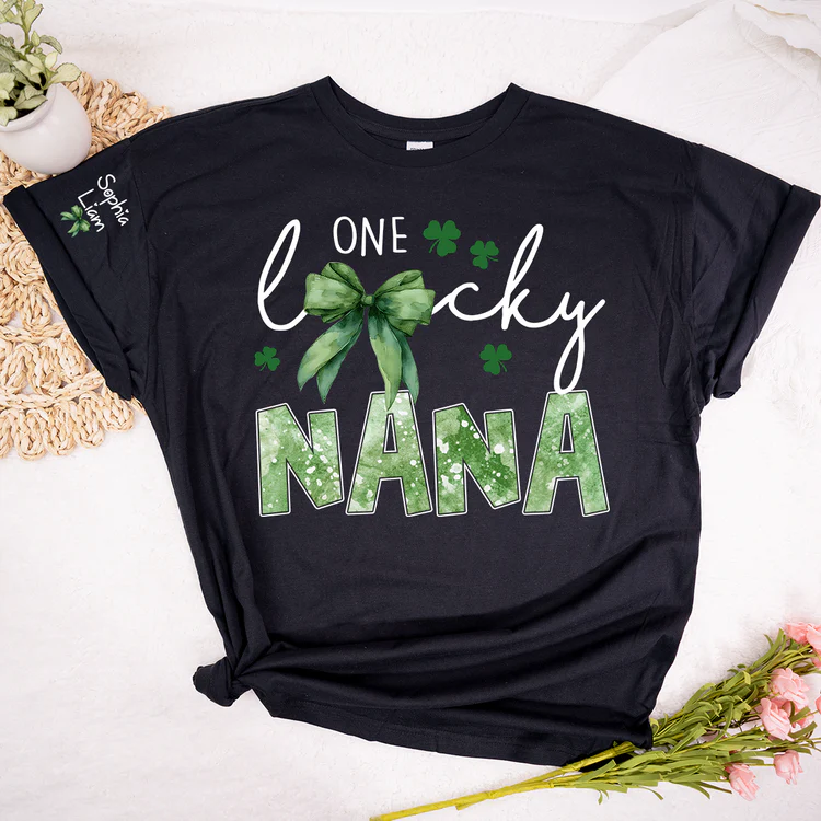 One Lucky Nana Shirt for St Patrick’s Day, Personalized Grandma Shamrock Clover T Shirt with Kids Names