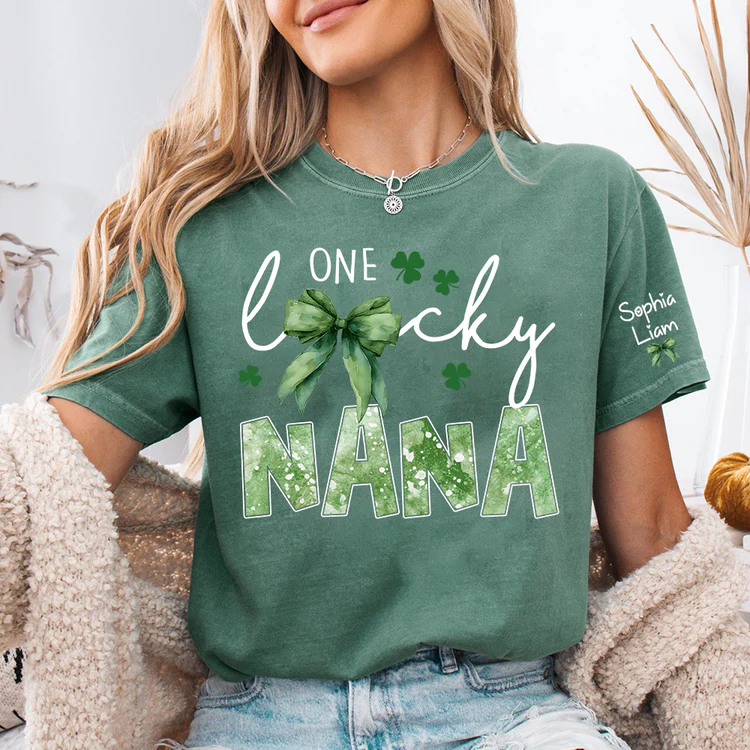 One Lucky Nana Shirt for St Patrick’s Day, Personalized Grandma Shamrock Clover T Shirt with Kids Names