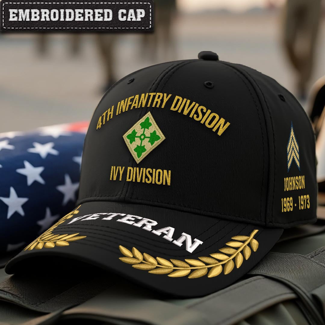 Cowgic U.S. Army 4th Infantry Division Embroidered Classic Structured Cap - Embroidered Cap for Veterans