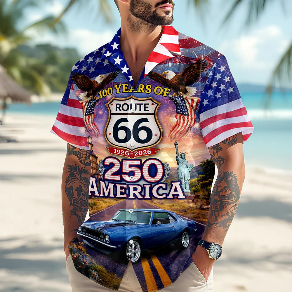 Cowgic Celebrate 100 Years of Road Route 66 and America 250th Anniversary Custom Car Photo Hawaiian Shirt