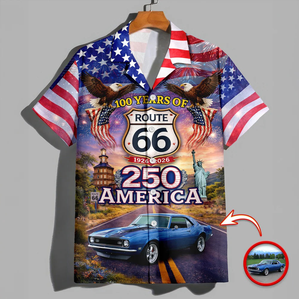 Cowgic Celebrate 100 Years of Road Route 66 and America 250th Anniversary Custom Car Photo Hawaiian Shirt
