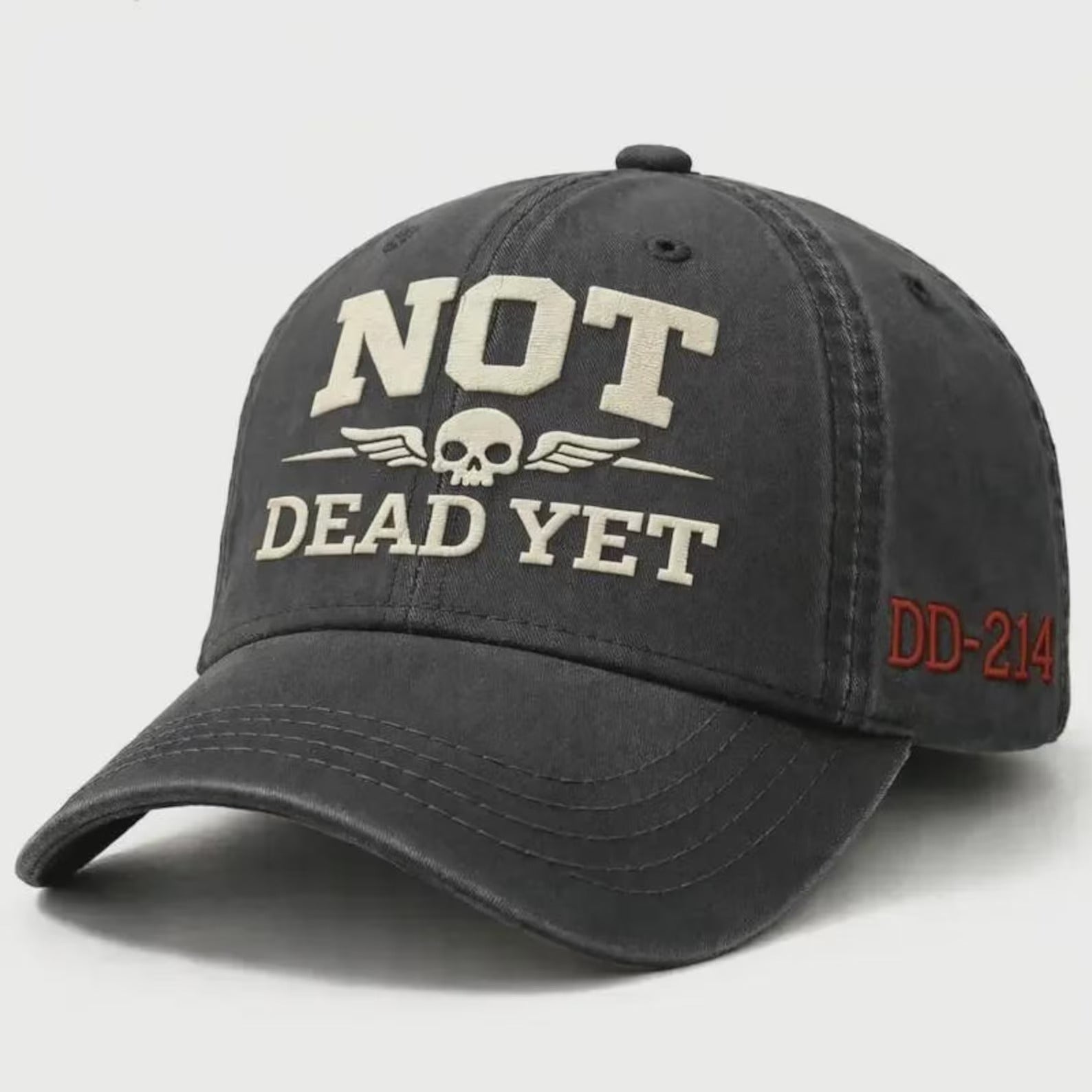 Not Dead Yet Hat, Funny Skull Cap, Vintage Washed Dad Hat, Dark Humor Embroidered Cap, Veteran DD214 Hat, Sarcastic Gift Idea