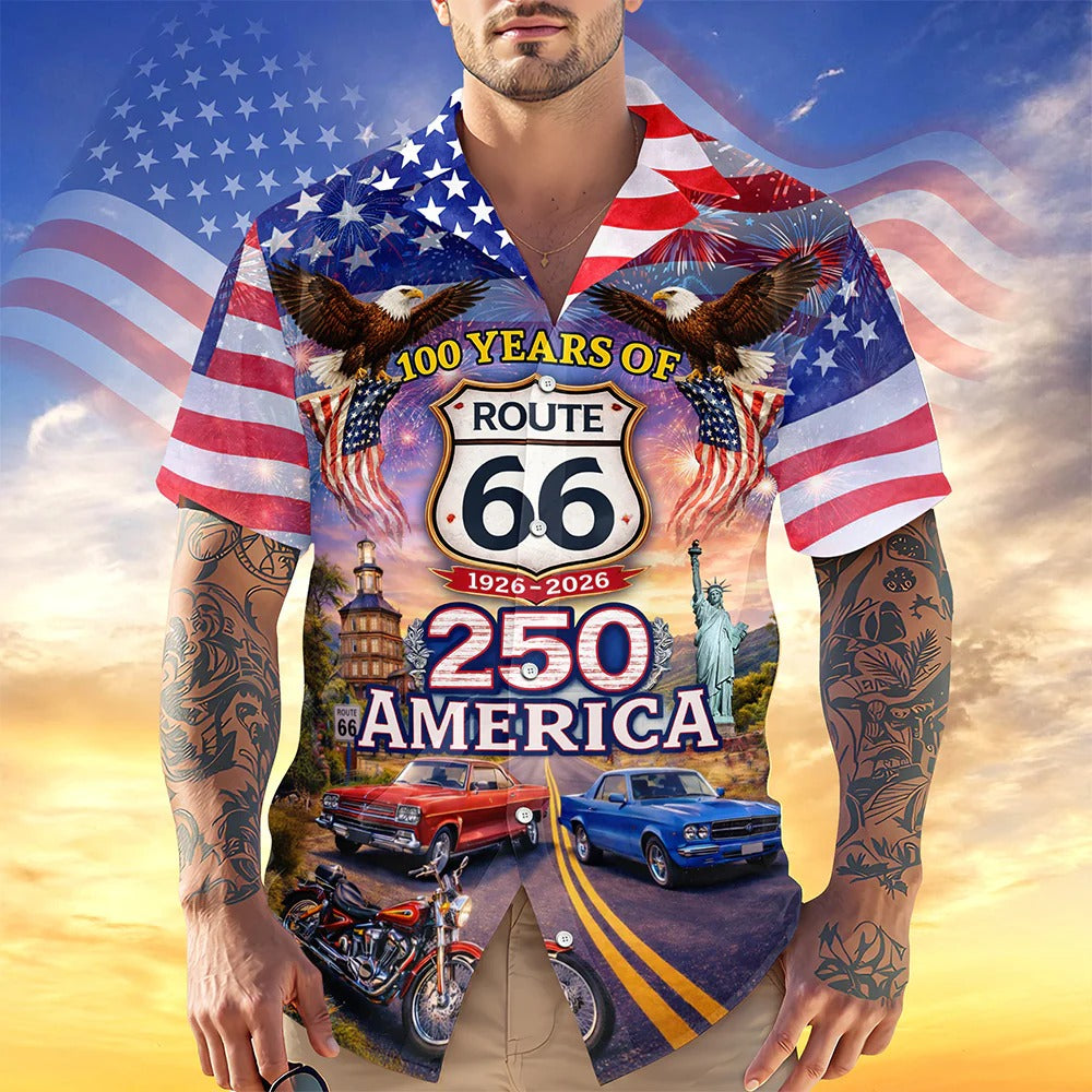 Cowgic Celebrate 100 Years of Road Route 66 and America 250th Anniversary Custom Car Photo Hawaiian Shirt