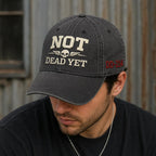 Not Dead Yet Hat, Funny Skull Cap, Vintage Washed Dad Hat, Dark Humor Embroidered Cap, Veteran DD214 Hat, Sarcastic Gift Idea