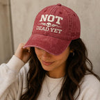 Not Dead Yet Hat, Funny Skull Cap, Vintage Washed Dad Hat, Dark Humor Embroidered Cap, Veteran DD214 Hat, Sarcastic Gift Idea