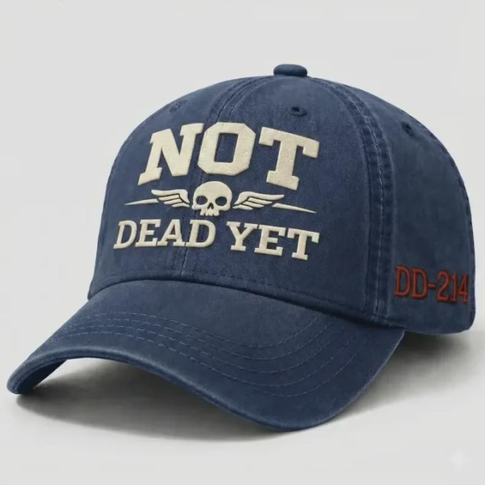 Not Dead Yet Hat, Funny Skull Cap, Vintage Washed Dad Hat, Dark Humor Embroidered Cap, Veteran DD214 Hat, Sarcastic Gift Idea