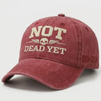 Not Dead Yet Hat, Funny Skull Cap, Vintage Washed Dad Hat, Dark Humor Embroidered Cap, Veteran DD214 Hat, Sarcastic Gift Idea