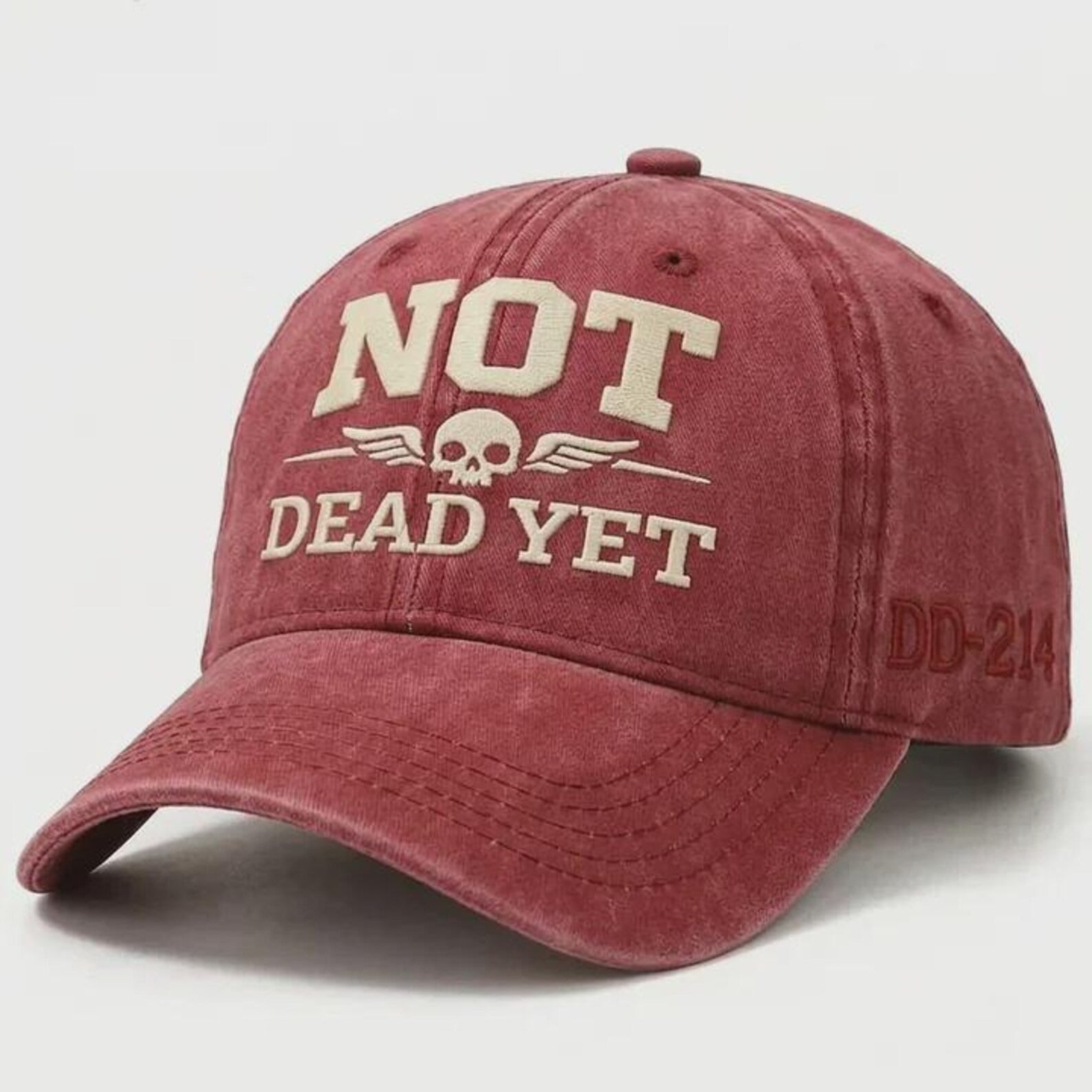 Not Dead Yet Hat, Funny Skull Cap, Vintage Washed Dad Hat, Dark Humor Embroidered Cap, Veteran DD214 Hat, Sarcastic Gift Idea