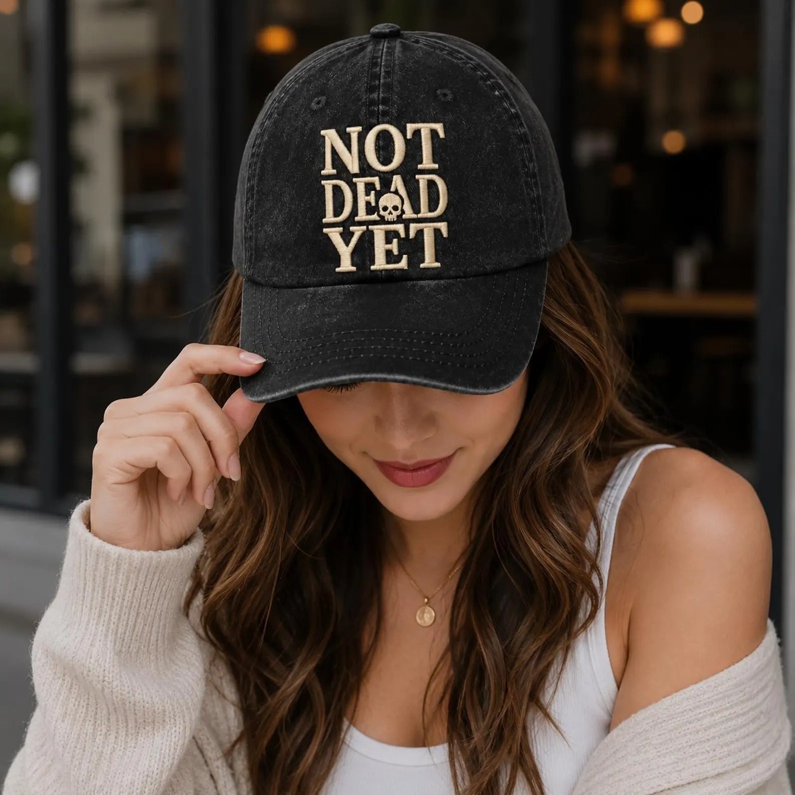 Not Dead Yet Hat, Funny Vintage Dad Hat, Skull Embroidered Cap, Sarcastic Humor Hat, Retro Washed Baseball Cap, Gift for Men Women
