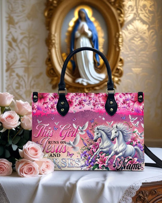 Cowgic This Girl Runs On Jesus And Horses Leather Handbag