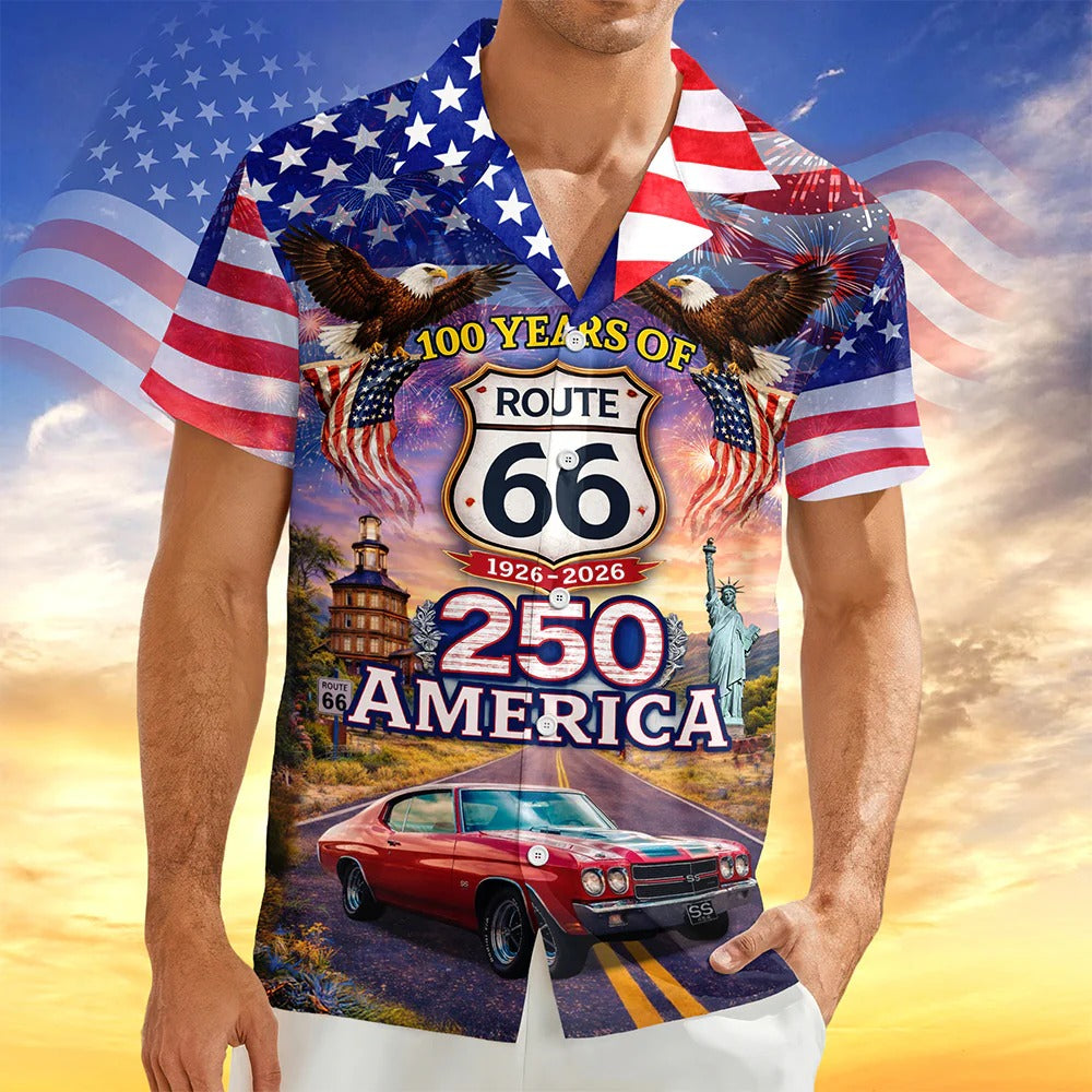 Cowgic Celebrate 100 Years of Road Route 66 and America 250th Anniversary Custom Car Photo Hawaiian Shirt