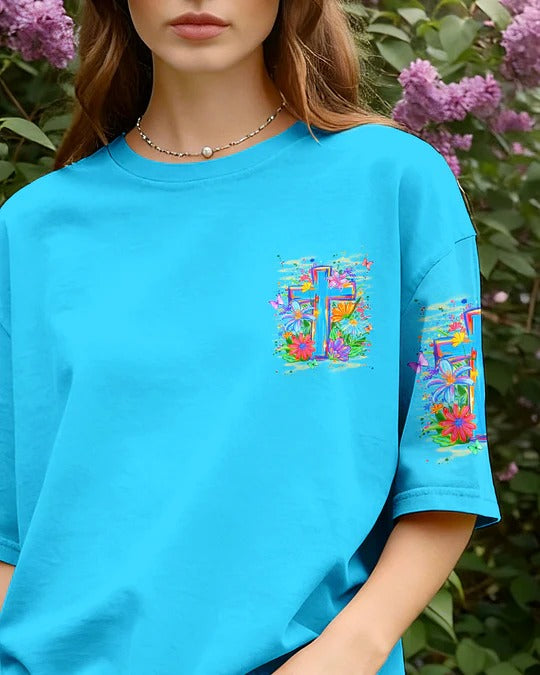 Cowgic Look Back And Thank God Cross Flowers All Over Print Shirt