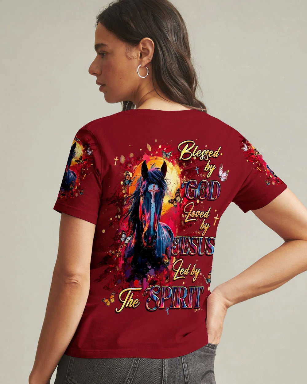 Cowgic Blessed By God Loved By Jesus Horse Women's All Over Print Shirt