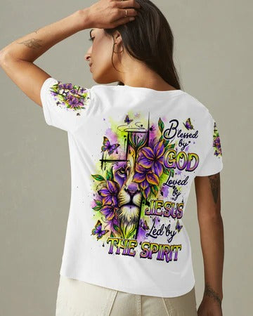 Cowgic Blessed By God Loved By Jesus Lion Flower All Over Print Shirt