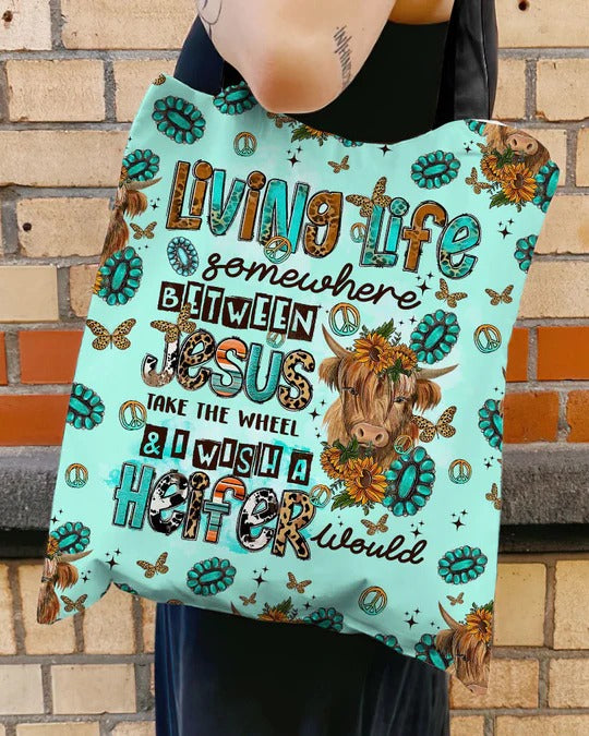 Cowgic Living Life Somewhere Between Jesus Cow Tote Bag